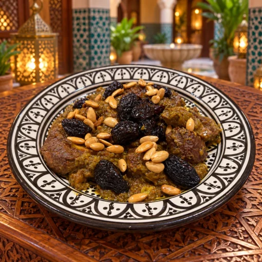 اللحم بالبرقوق واللوز من شهيوات أم قصي بخلفية مغربية