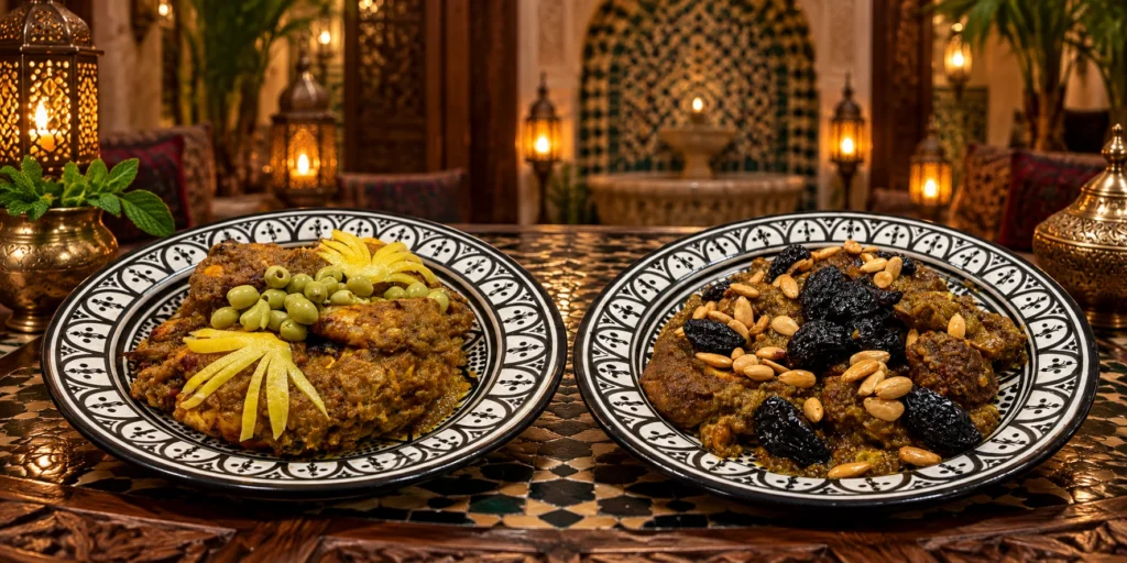 الدجاج بالدغميرة واللحم بالبرقوق واللوز من شهيوات أم قصي في ديكور مغربي